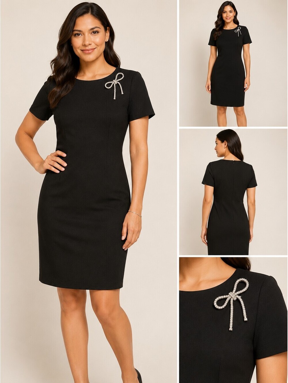 Eliza J Black Sheath Dress with Rhinestone Bow | Size 10 | NWT